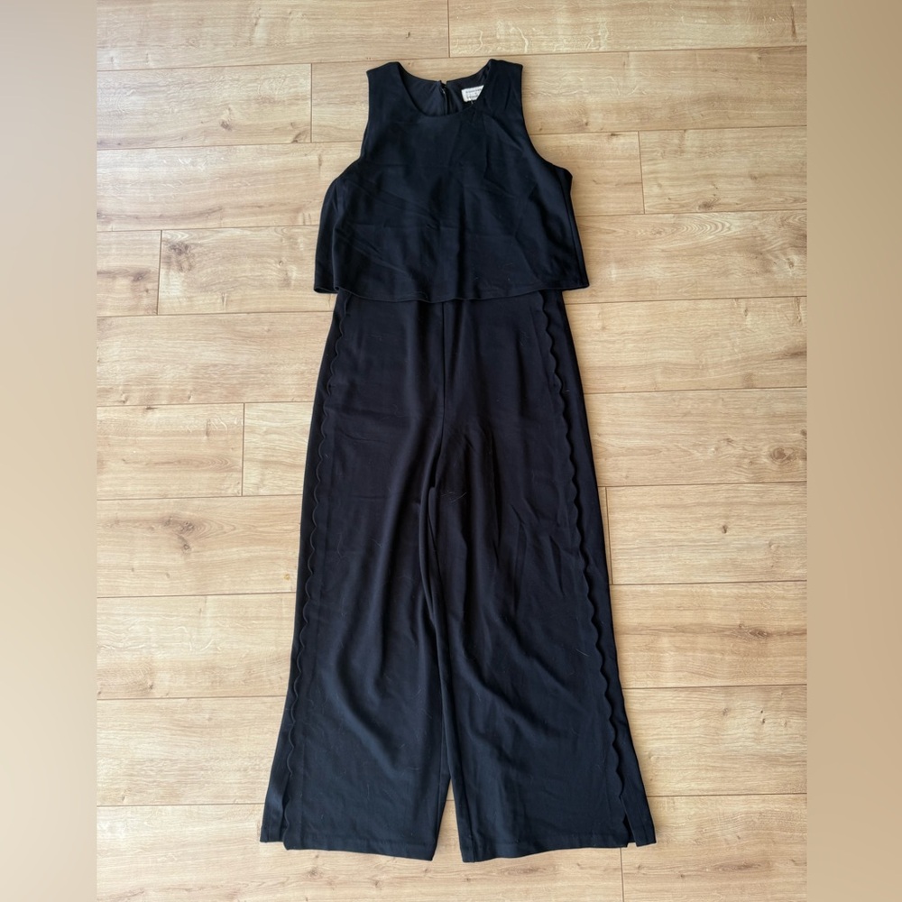 Anthropologie Essential Jumpsuit Black Scalloped Wide Leg Sleeveless Womens 8